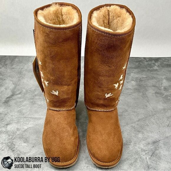 UGG KOOLABURRA PEACE TALL BOOTS CHESTNUT SUEDE SHEEPSKIN FLYING BIRDS DOVE FLOCK - Picture 11 of 16